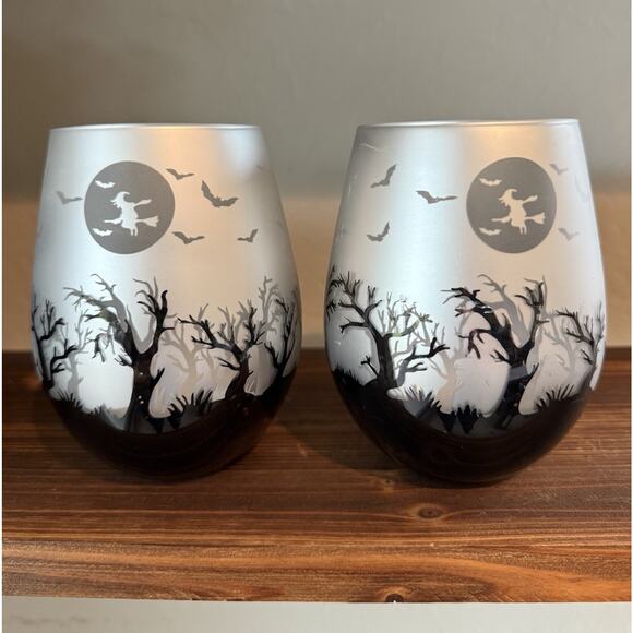 Halloween Spooky Night Tea Light Holders Stemless Wine Glasses Bats Forest - Picture 2 of 7